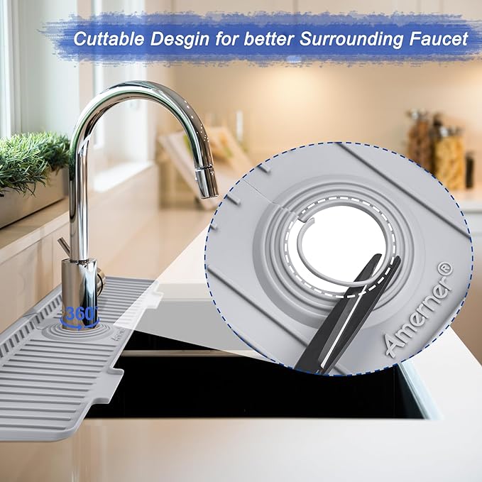 20 inch Kitchen Sink Splash Guard, 10° Large Slope & Adaptable Hole Faucet Mat