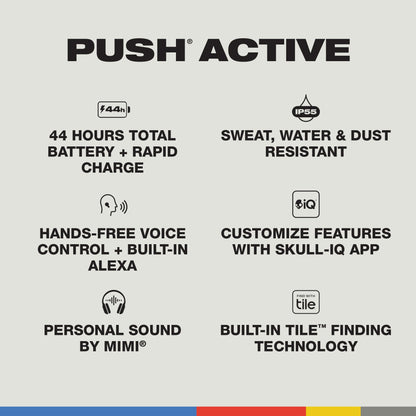 Skullcandy Push Active Wireless Earbuds, Bluetooth Headphones, Noise Isolating, 44 Hrs Battery, Secure-Fit Over-Ear Hanger, Sweat and Water Resistant, Microphone for iPhone Android - True Black/Orange