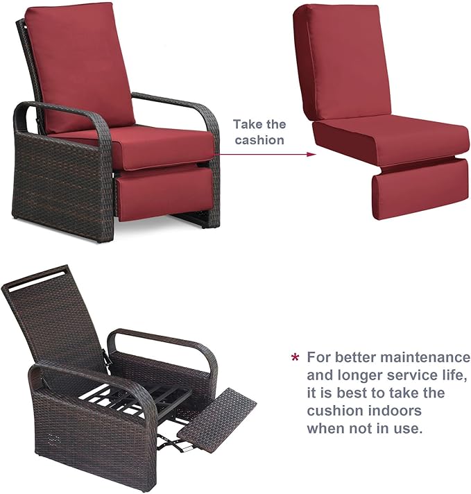 Outdoor Recliner, Outdoor Resin Wicker Patio Recliner Chair with 5.5'' Cushions, Patio Furniture Auto Adjustable Rattan Sofa, UV/Fade/Water/Sweat/Rust Protected, Easy to Assemble (Red)
