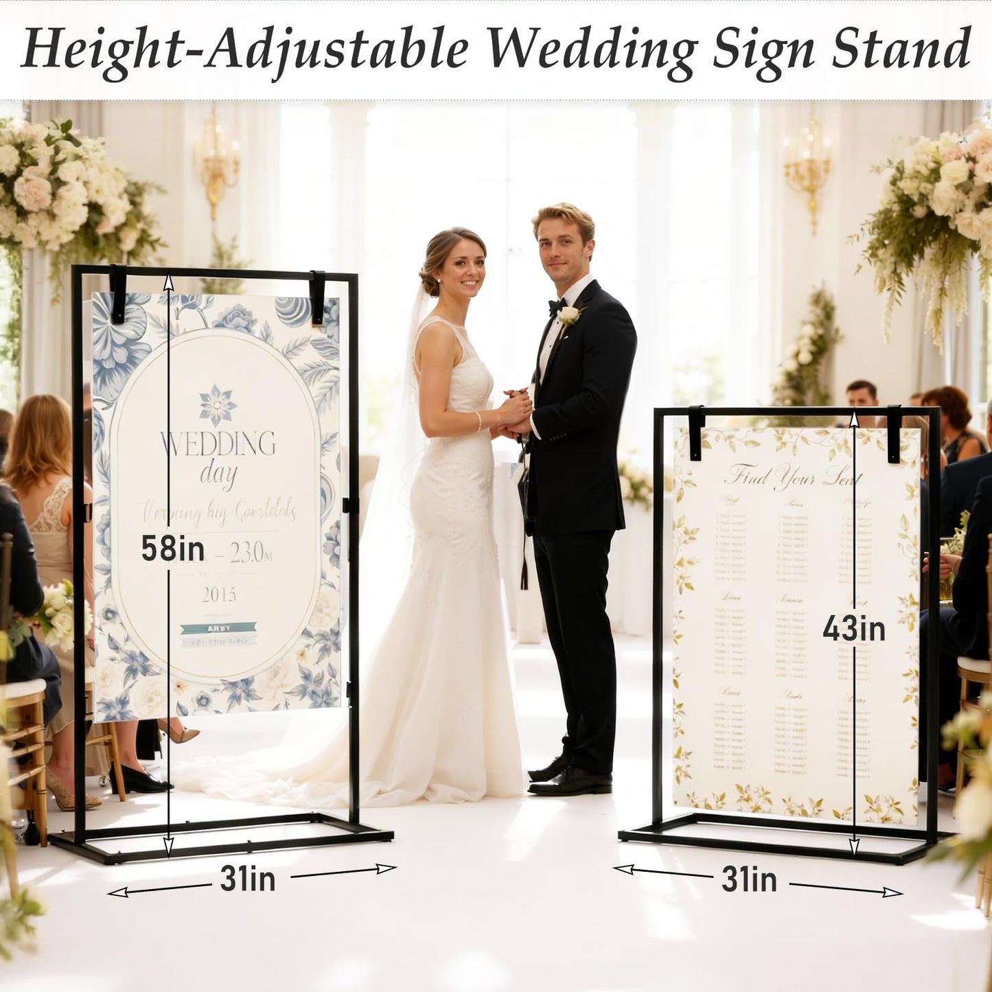 HzTinT Wedding Sign Stand, Adjustable Wedding Welcome Sign Stand with Carry Bag, Leather Hanging Straps, 8 Floor Pads - Black Easel Stand for Seating Charts & Wedding Decor