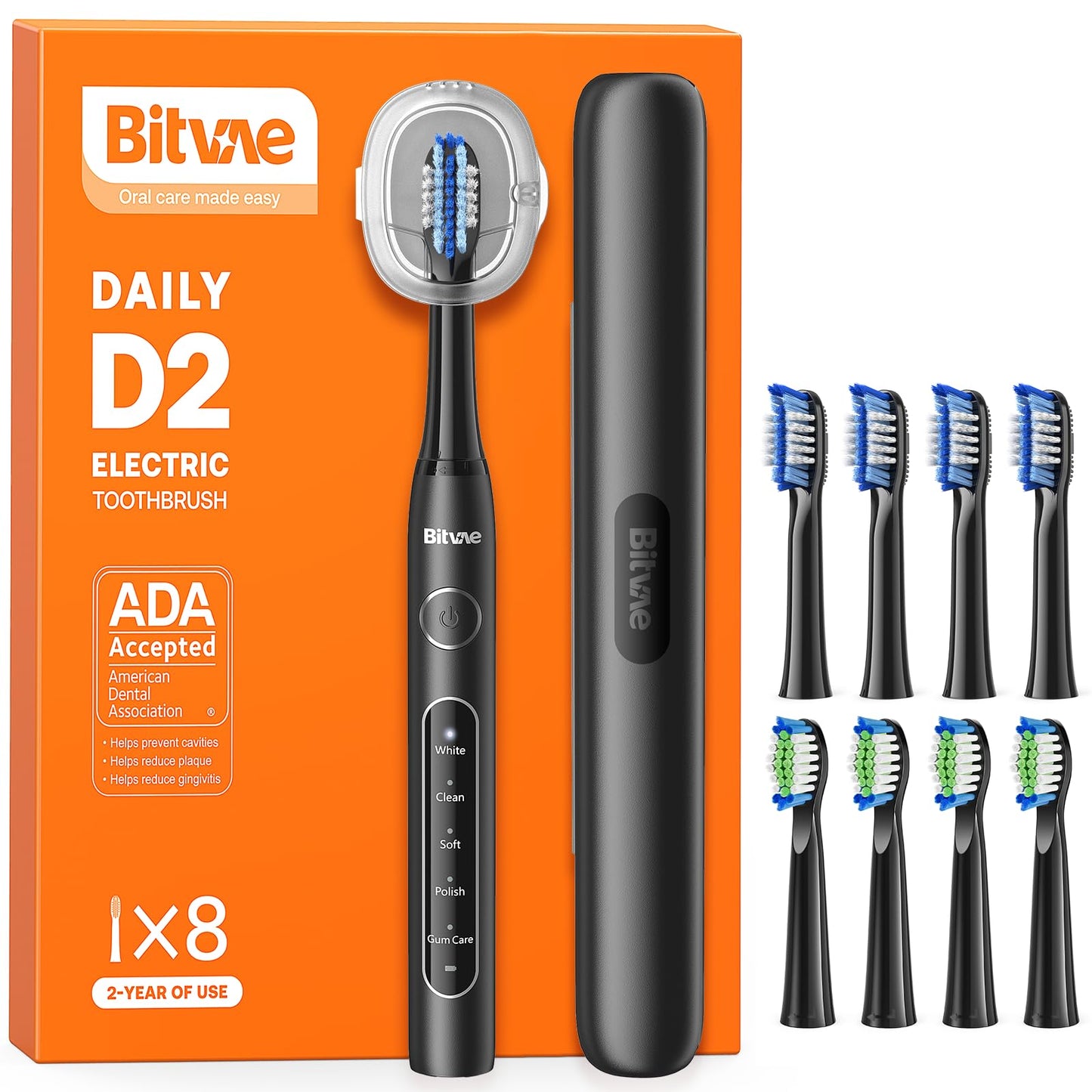 Bitvae D2 Ultrasonic Electric Toothbrush for Adults and Kids, Electric Toothbrush with Rechargeable Power, 8 Toothbrush Heads and 5 Modes, Black