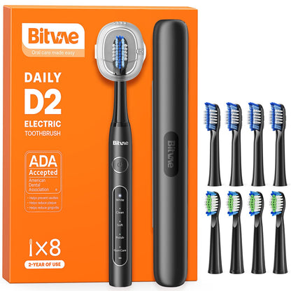 Bitvae D2 Ultrasonic Electric Toothbrush for Adults and Kids, Electric Toothbrush with Rechargeable Power, 8 Toothbrush Heads and 5 Modes, Black