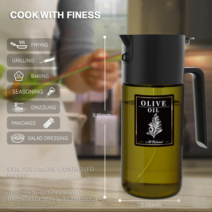 2-IN-1 500ml/17oz Light-Blocking Dark Oil Sprayer for Cooking with Sticker, Dark Green Glass Olive Oil Dispenser Bottle for Kitchen, Even Spray with Portion Control, Perfect for Air Fryer, BBQ - Black
