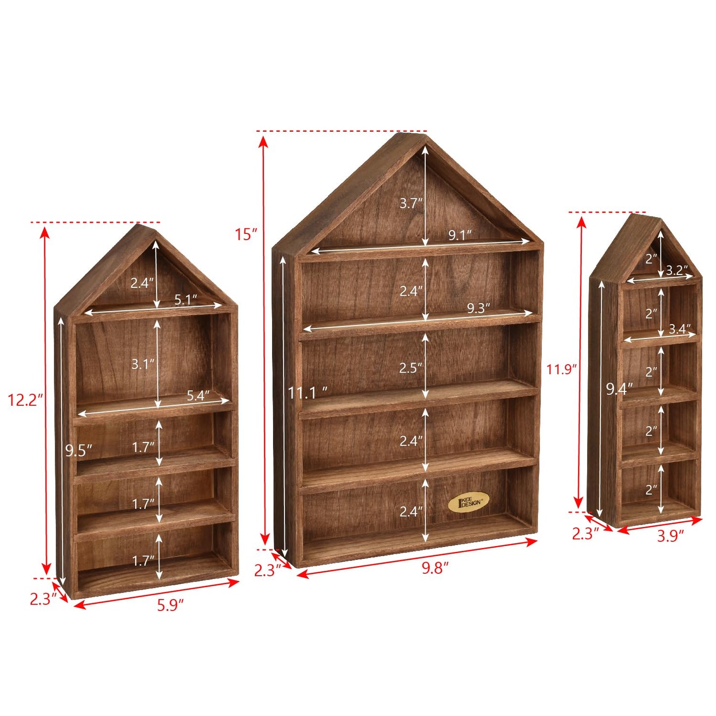 Ikee Design 3 Pcs Set House-Shaped Shelf Wooden Shadow Cubby Box Display Shelf Organizer Storage Display Shadow Box for Mini Figures,15 Compartments, Brown Color