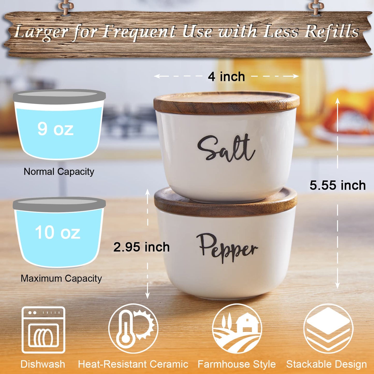 DAYYET Salt and Pepper Bowls, 10 oz Salt Cellar with Lid, Stacked Ceramic Salt Pepper Container with Acacia Wood Lid, Salt Box for Countertop, Modern Kitchen Decor, Set of 2, White