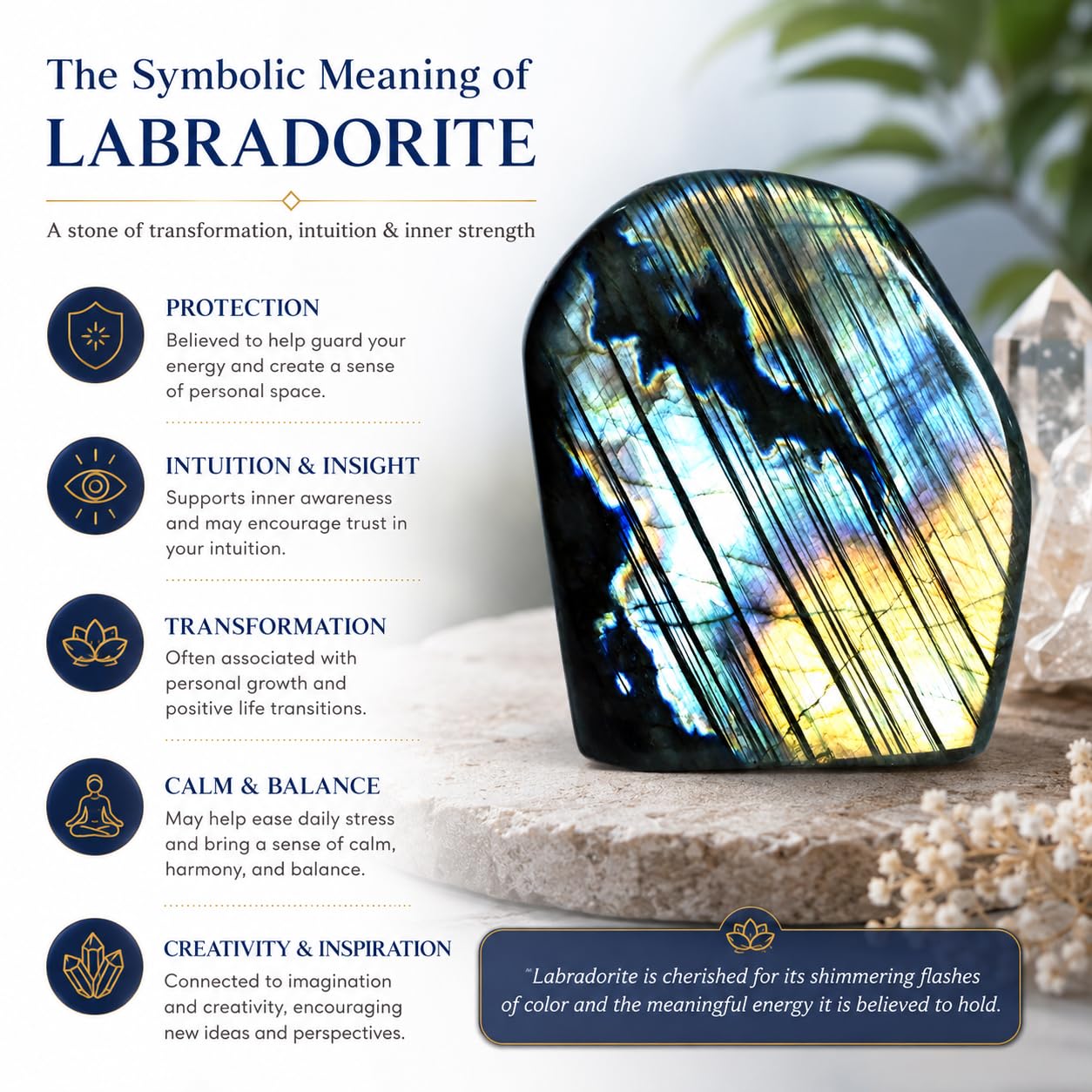 WHAL&YUNE 2.2-2.6lb Natural Labradorite Polished Stone, Gemstones Large Size Labradorite Stone Collectible Figurines with Vibrant Blue Flash for Healing, Meditation, Home Decor 1PC