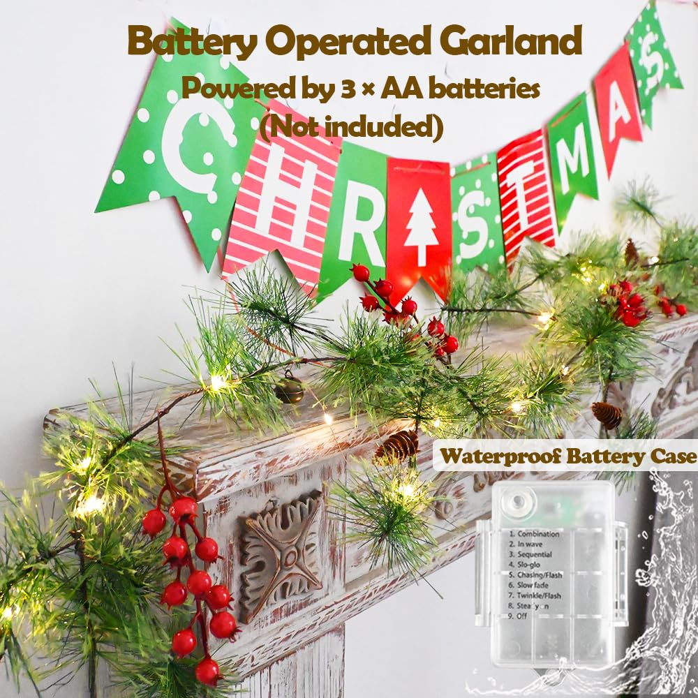 PALONMY Christmas Garland Lights 6.56 FT Smokey Pine Garland with 30 LED Fairy Lights Battery Operated Garland Lights with Red Berries Bells Pine Cones Christmas Indoor Home Decorations
