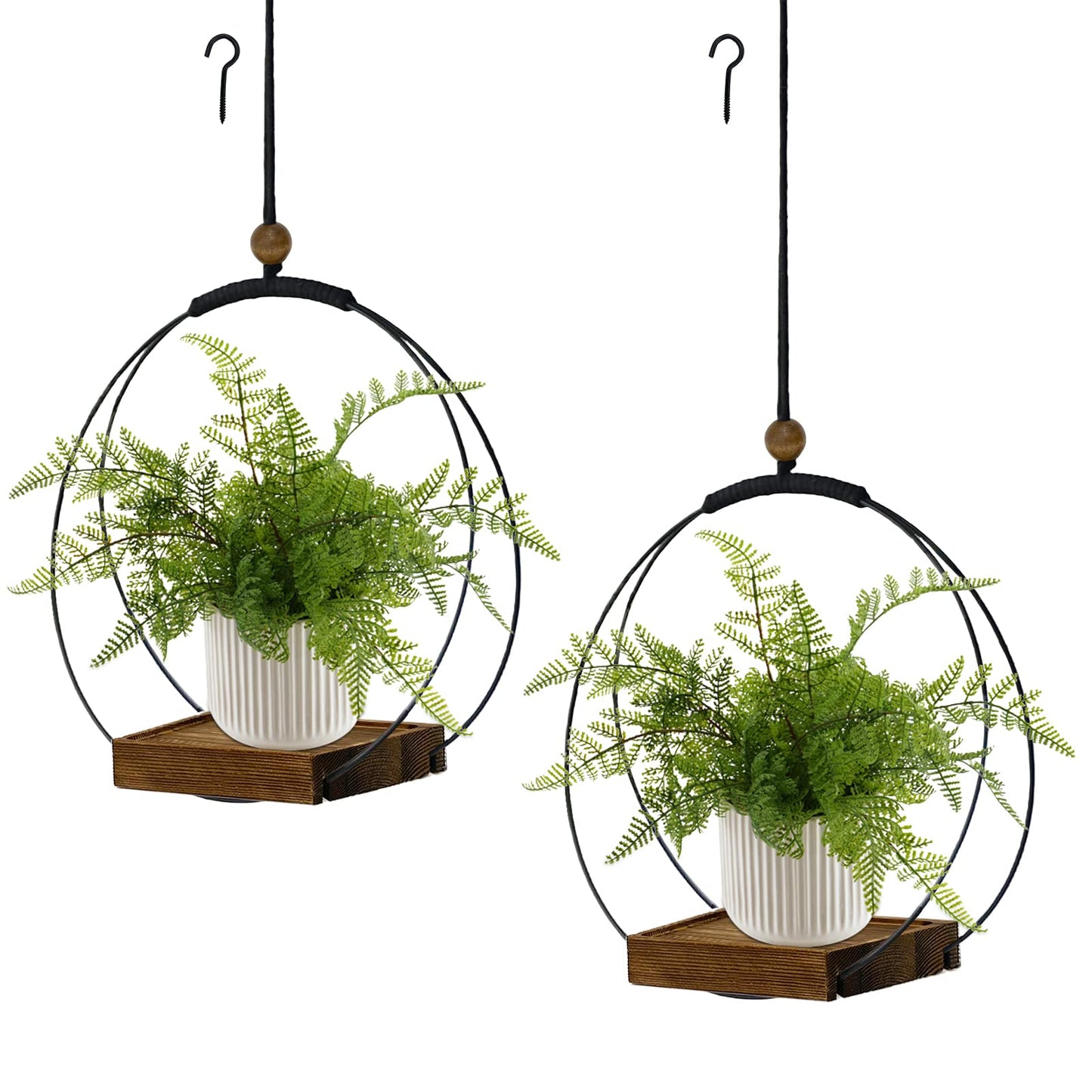 hismocal 2 Pack Hanging Planter for Indoor Plants, Black Plant Hanger with Sturdy Wood Base, Modern Boho Macrame Hanger, Wall Ceiling Window Planter (Plants/Pots Not Included)