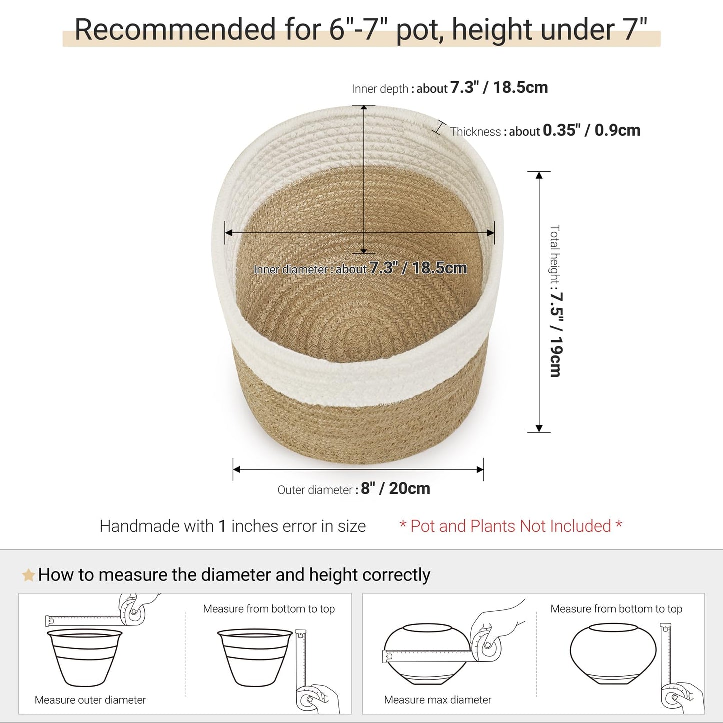 Dahey Small Cotton Rope Plant Basket Woven Plant Coiled Basket for Up to 7" Planter, Decorative Flower Pot Cover Closet Storage Bin Table Desk Organizer for Home Decor, White and Beige