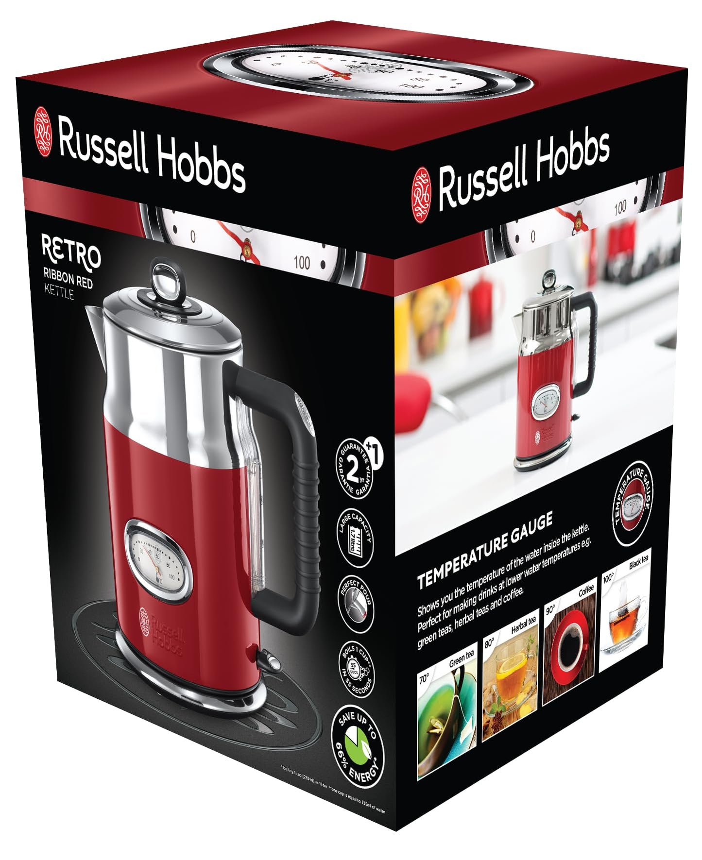 Russell Hobbs Kettle [1.7 L, 2400 W] Retro Red & Polished Stainless Steel (Quick Boil Function, Water Temperature Display in Retro Design, External Water Level Indicator) Vintage Tea Maker 21670-70