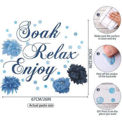 Xuniea Blue Bathroom Wall Decals Soak Relax Enjoy Spa Wall Decor Stickers Waterproof Flower Sign Sticker for Bedroom Bathroom Kitchen Living Room DIY Decorations