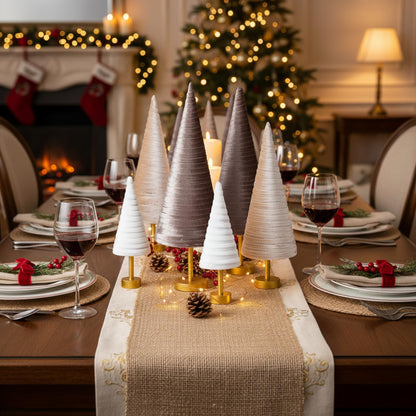 Hoolerry 6 Pcs Christmas Velvet Trees with Gold Pedestal Christmas Velvet Cones Tree Mantel Decor Modern Rustic Winter Home Minimalist for Holiday Entryway Table Wedding Centerpiece(Gold Brown)