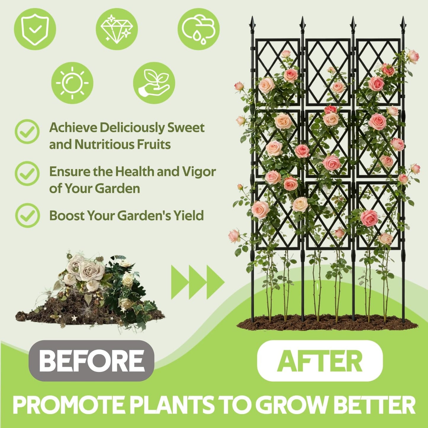 Jesosia Garden Trellis for Climbing Plants Outdoor - 65" PE-Coated Metal Pipes & Plastic Grids Rose Wall Trellis Frame - Sturdy Privacy Screen Plant Support Fence for Flowers Vines Vegetables