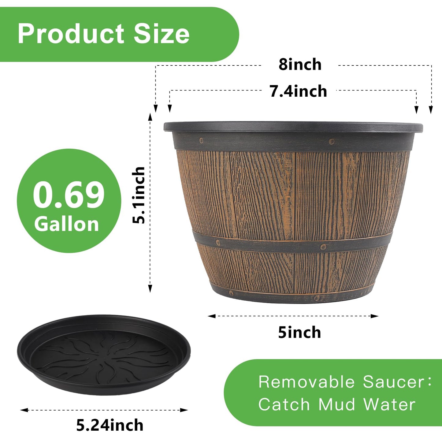 8-inch-Plant-Pots-Indoor-Outdoor, 4 Pack Whiskey Barrel Planters with Drainage Holes & Saucer, Plastic Flower Pots Imitation Wine Barrel Design, Decorative Garden Pots for Plants