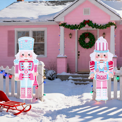 2 Pcs Large Christmas Nutcracker Yard Signs Nutcracker with Stakes Pink Nutcracker Yard Decorations Xmas Soldier Lawn Decorations Outdoor Garden Sign Porch Decor for Winter Holiday Party