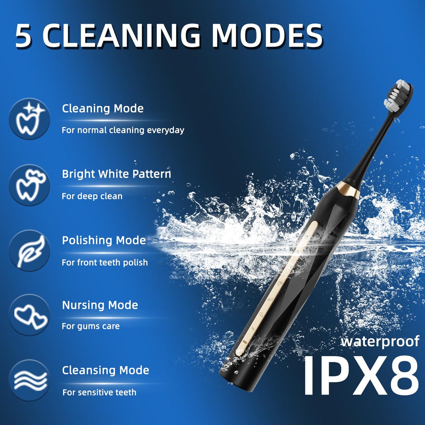 Adult Sonic Electric Toothbrush, USB Rechargeable Sonic Toothbrush, with 12 Brush Heads, 5 Modes, Equipped with Cleaning Brush, Brushing and Washing Two in one