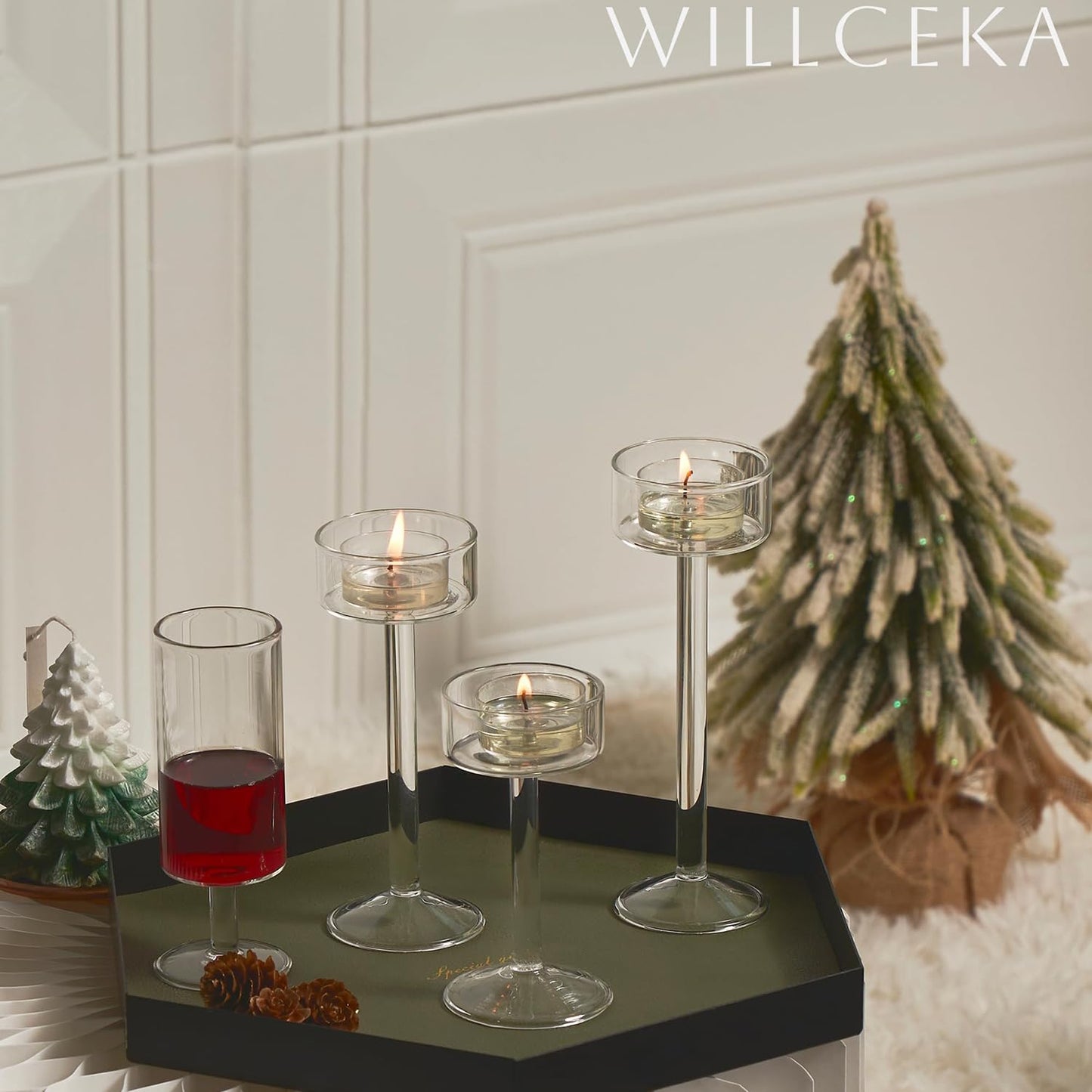 Willceka Tealight Candle Holder, Glass Candle Holder, Clear Wedding Hurricane Tall Elegant Ideal for Dining Party Home Decor Party Table Settings Gifts, 6 Pcs