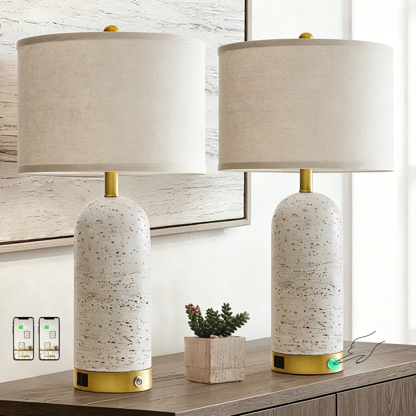 RORIA 25" Set of 2 Touch Rustic Table Lamps for Living Room, Resin Stone Travertine Nightstand Modern Lamps with 3-Way Dimmable and USB A+C Ports for Bedroom Entryway, 2 LED Bulbs Included
