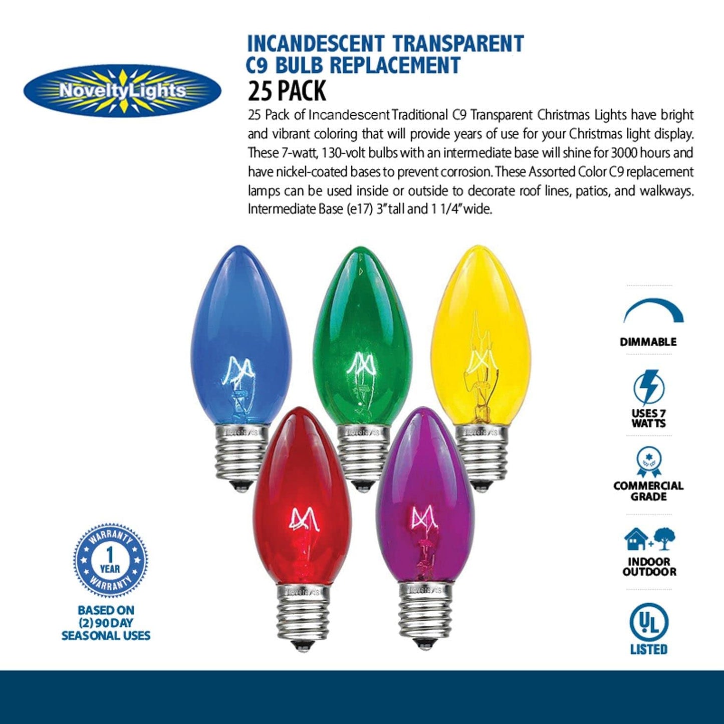 Novelty Lights Incandescent Christmas Replacement Bulbs - Indoor/Outdoor Individual Bulbs for Christmas Tree, Display, & More - C9/E17 Intermediate Base, 7 Watt Lights (Multi, 25 Pack)