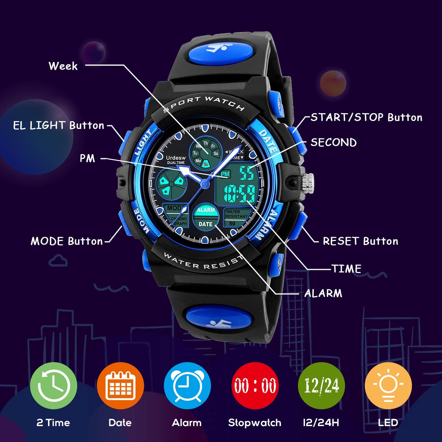 Urdesw Kids Digital Waterproof Watches for 6-15 Year Old Boys & Girls - Electronic Toys & Games - Birthday Presents & Gift