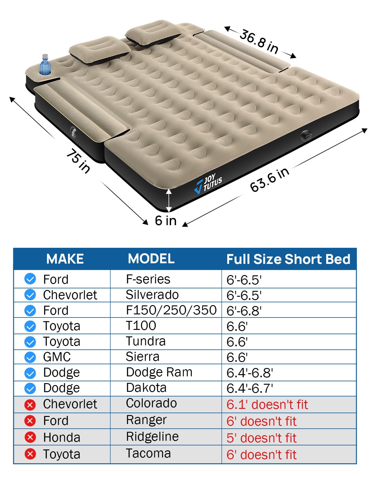 JOYTUTUS Truck Bed Air Mattress for 6.4-6.7Ft, Full Size Regular Beds for Pickup Outdoor Camping, Truck Tent Accessories with Carry Bag & Cup Holder & Cavity Design, Camel&Black