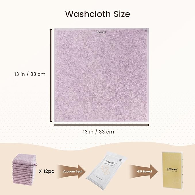 SEMAXE 100% Cotton Washcloths 12-Pack, 13 × 13 Inch Soft Luxury Face Towels –