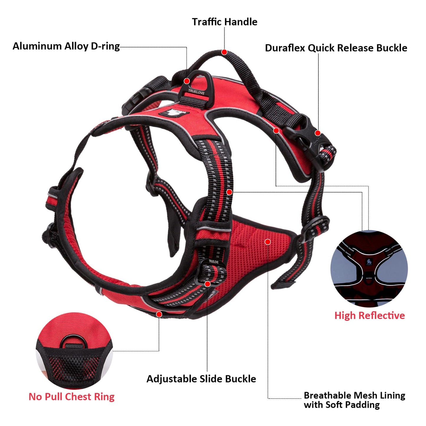 TRUE LOVE Adjustable No-Pull Dog Harness Reflective Pup Vest Harnesses Comfortable Control Brilliant Colors Truelove TLH5651(Fushcia,L)