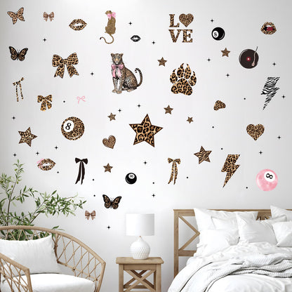 Wxiben Cheetah Print Wall Decals - 200 Pcs Leopard Print Walls Stickers Decor for Room Y2K Bow Star 8 Ball Peel and Stick Wall Decals for Home Bedroom Living Room Classroom Apartment Dorm