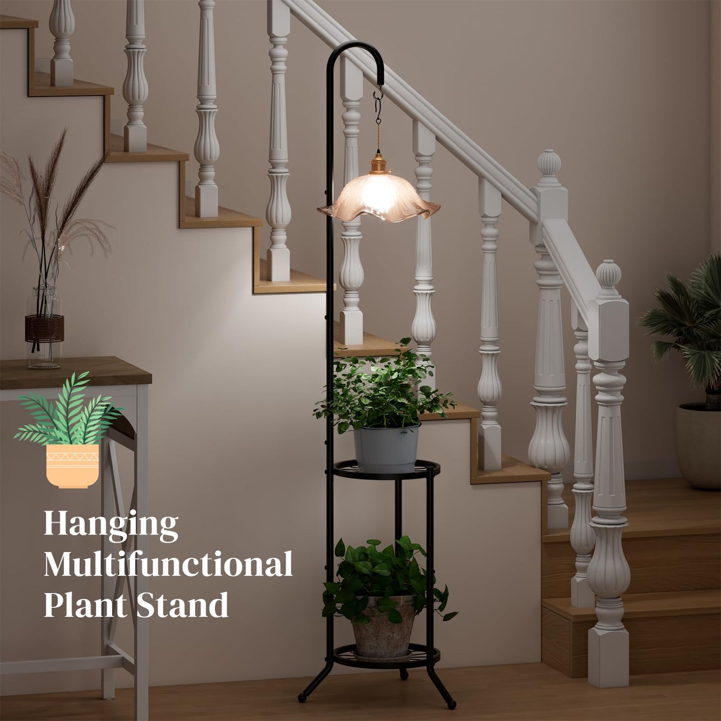PULIJIAJU 2-tier Hanging Plant Stand Indoor and Outdoor, Space-Saving Iron Plant Shelf, 3 Potted Flower Pot Stand ,Planter Holder for Bedroom Balcony Living Room Patio Garden(Hook Style)