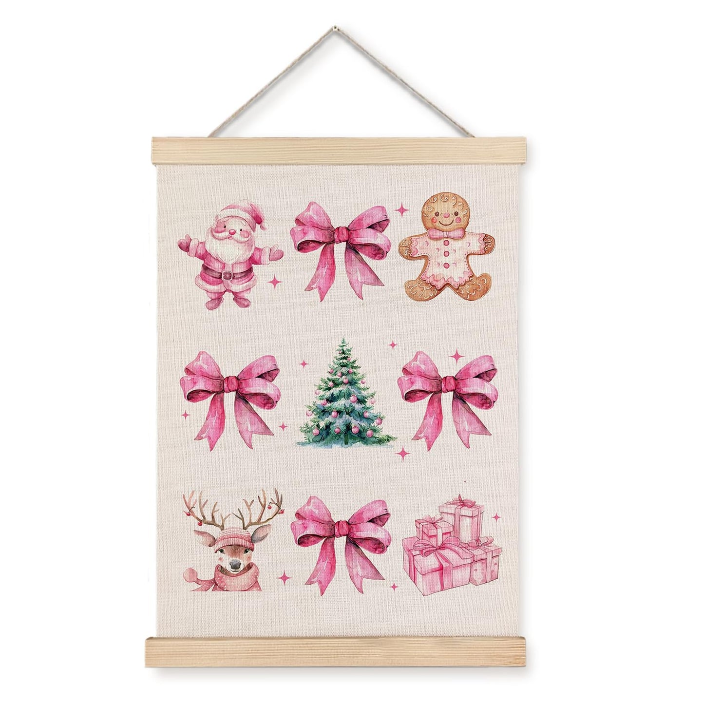 Coquette Pink Christmas Bow Gingerbread Wall Art, 12x16 Inch, With Wooden Poster Hanger for Home Office
