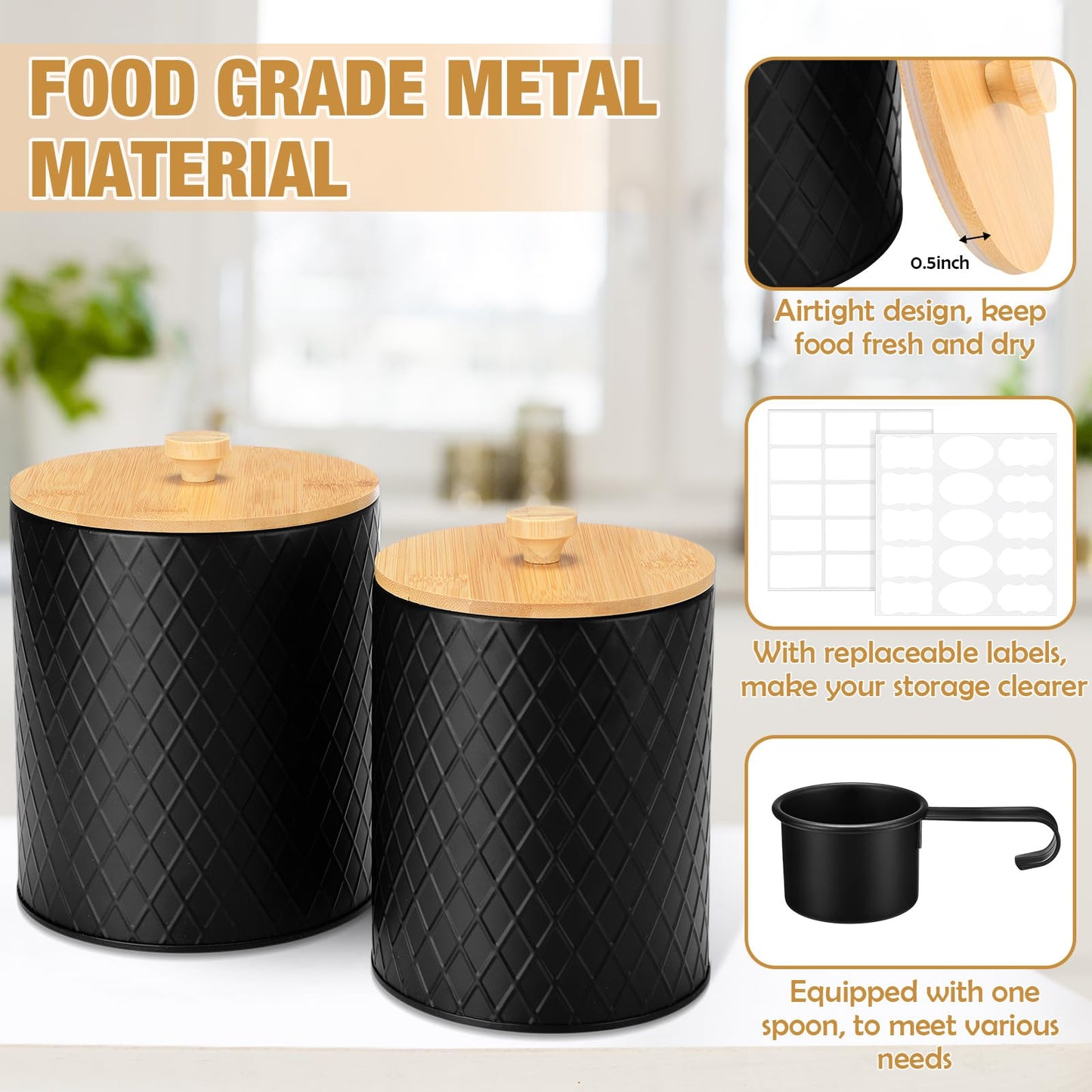 Reallnaive 2 Pcs Black Coffee Canister Set for Kitchen Countertop Bar Flour Sugar Tea Storage Container Farmhouse Metal Spice Jar with Airtight Bamboo Lid Spoon & Labels Housewarming Gift (2 Sizes)