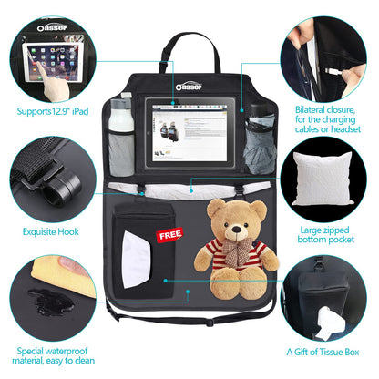 Oasser 2PCS Kick Mats Car Organisers Waterproof Seat Back Protectors with 12.9'' iPad Tablet Touch Screen Holder Multi Pockets Including Tissue Box