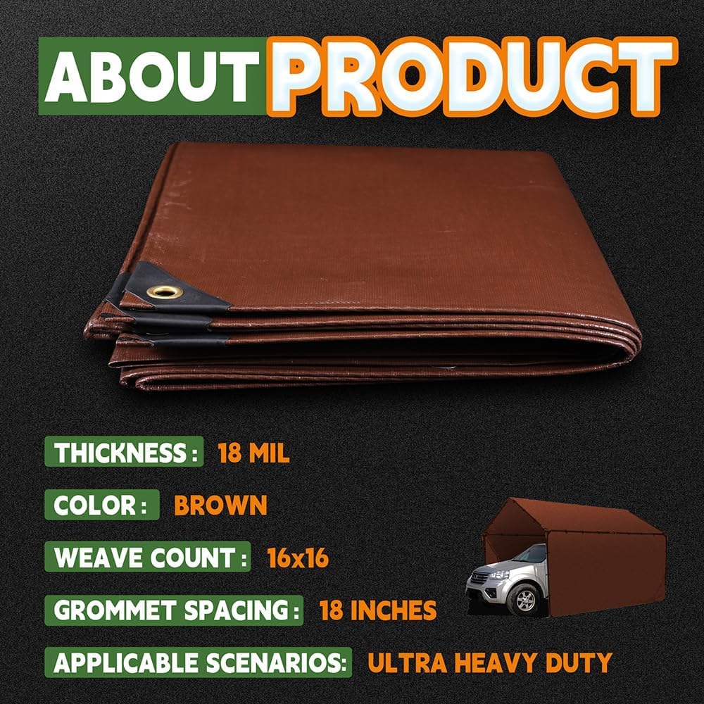 RAINDEWAY 15x30 Feet Super Heavy Duty 18 Mil Brown Poly Tarp Cover, UV Resistant, Weatherproof, Multipurpose Waterproof Poly Tarp with Grommets and Reinforced Edges