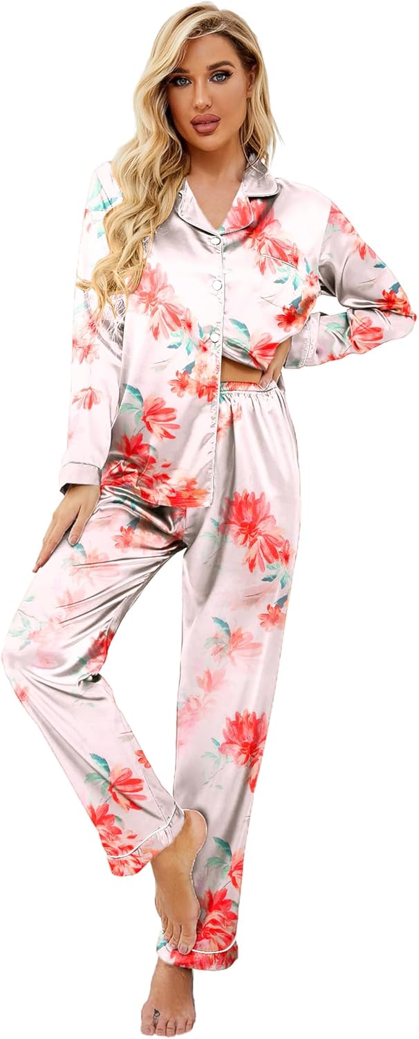Ekouaer Women's Classic Button Down Long Satin Silk Pajama Set