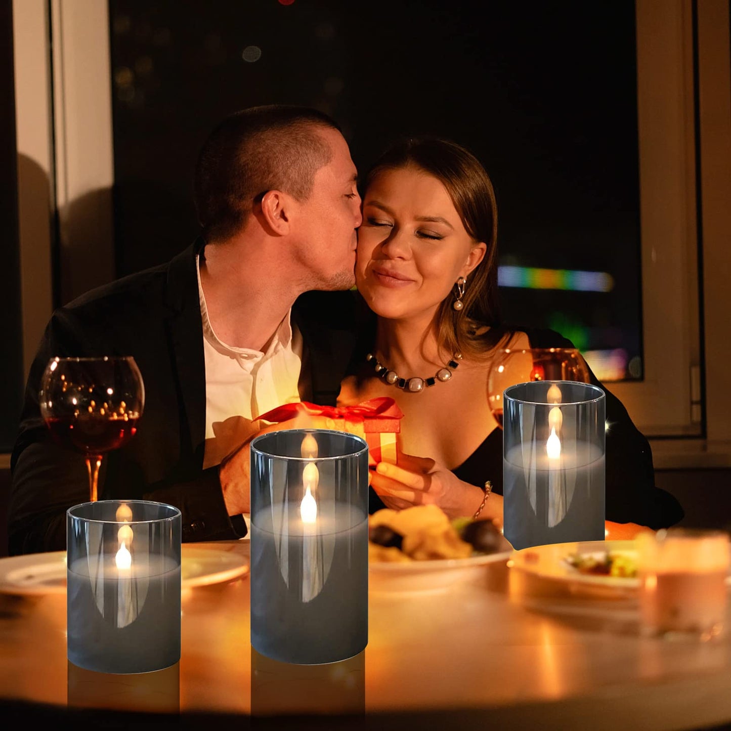 HIYAA LED Flameless Candles, Gray Glass Battery Operated Candles Flickering with Remote, 3D Wick Realistic Warm Light LED Candles Flickering with Timer for Wedding Party Christmas Decoration