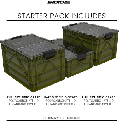 SIDIO CRATE Starter Pack - Two Full Size and One Half Size SidioCrate, Stackable Outdoor Organizer Storage Bins with Clear Lid and Dividers - Green