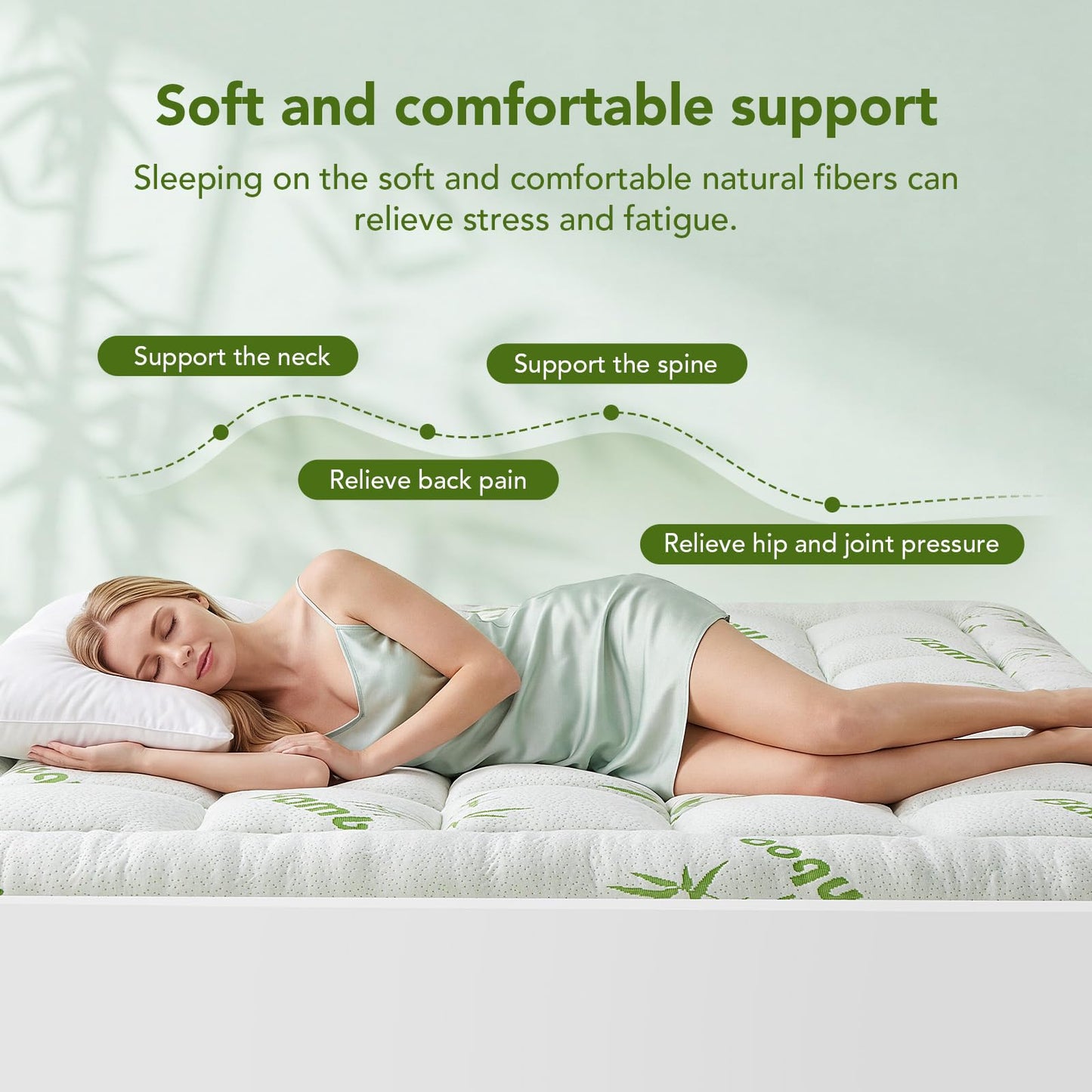 California King Size Mattress Topper Viscose Made from Bamboo, Extra Thick Quilted Pillow Top, Naturally Cooling & Breathable for Hot Sleepers, Back Pain Relief, Deep Pocket Skirt Fits 6-18", Green