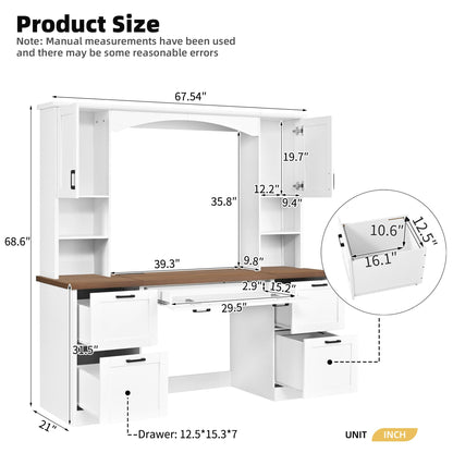 Merax Farmhouse Arched 67" Computer Desk with Power Outlets & Keyboard Tray, Wood Executive Home Office Desk with Hutch, Writing Desk with Storage Drawers for Working Study, White