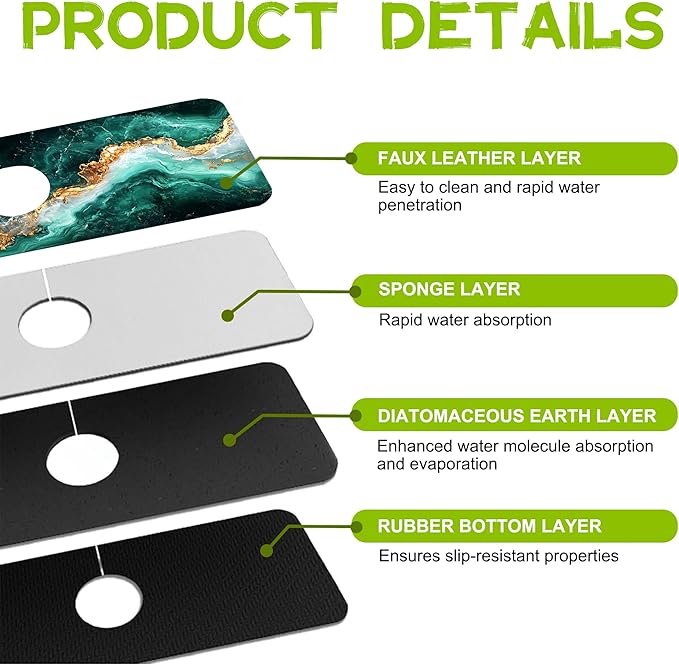 Emerald and Gold Marble Texture Kitchen Sink Splash Guard Faucet Mat Super