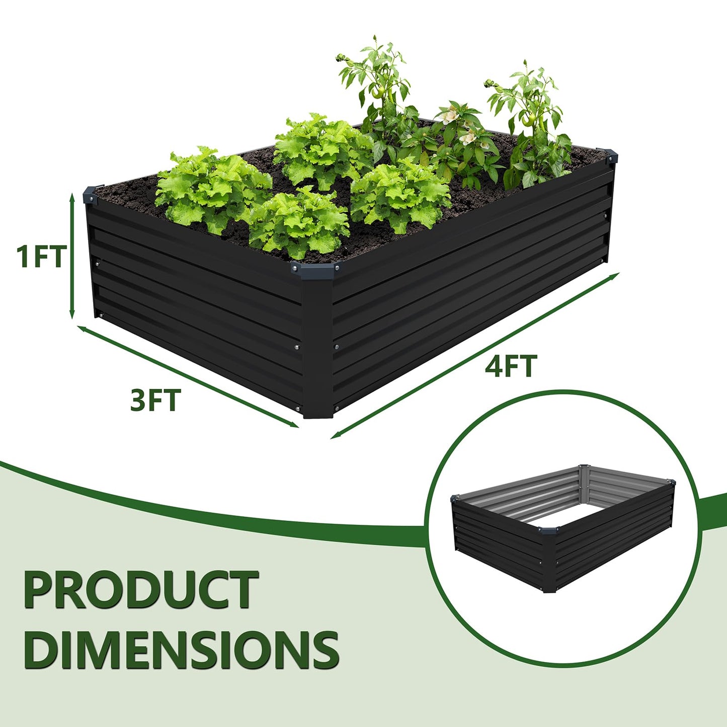 ZUNUDA 4×3×1FT(2PCS) Galvanized Raised Garden Bed Kit Metal Planter Boxes,Large Raised Garden Bed for Planting Vegetables,Flowers,Herbs -Black