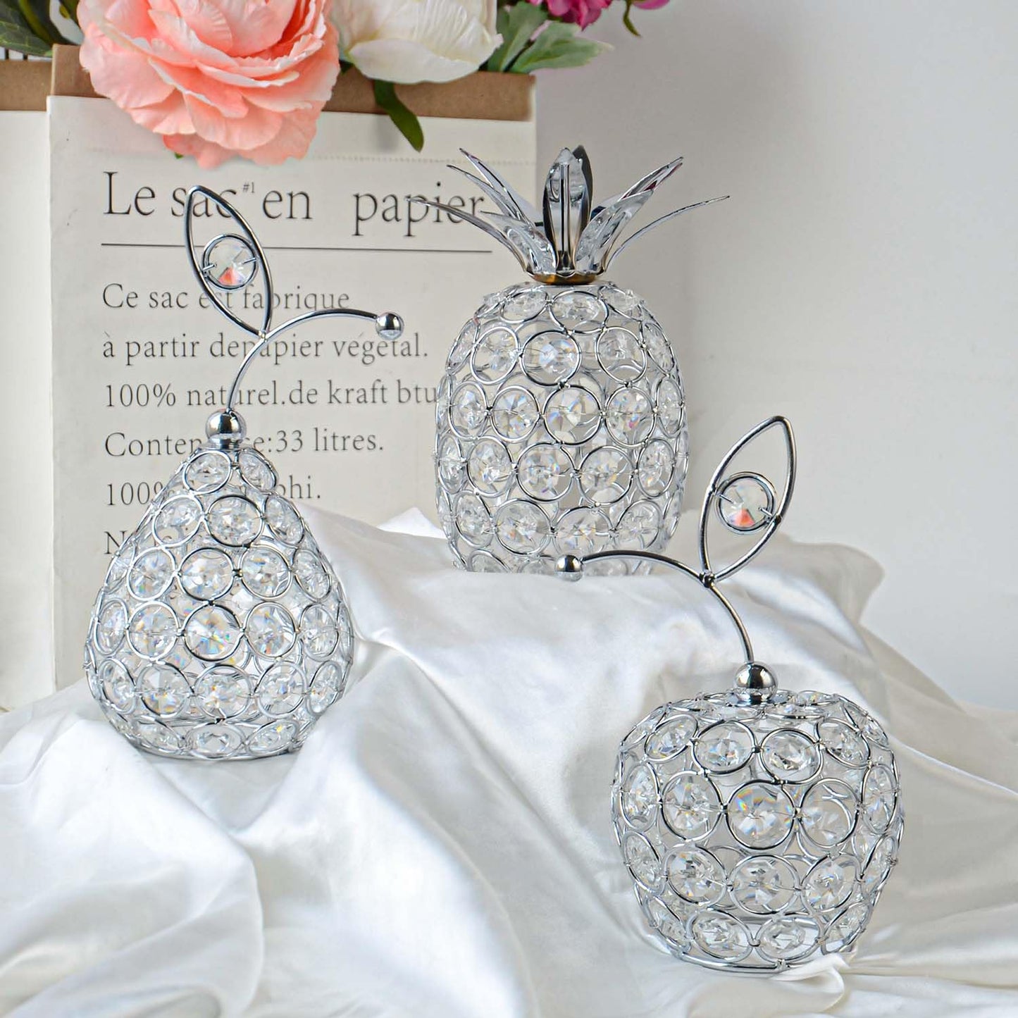 kehail Set of 3 Crystal Metal Pineapple Pear Table Centerpiece Handmade Crystal Candlestick Hollow Fruit Ornament Home Party Wedding Holiday Bar Decoration (Silver, Set of 3)