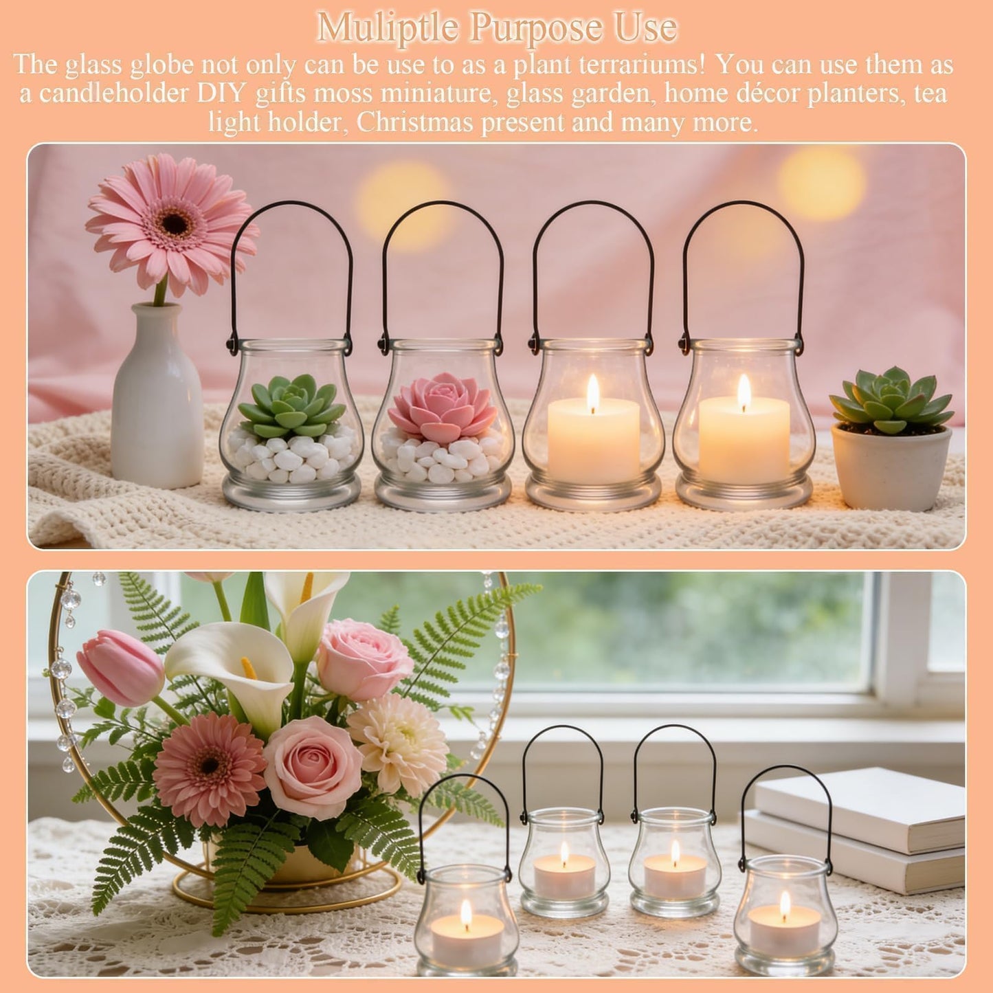 4PCS Hanging Candle Holder for for Wedding Ornaments,Glass Tea Lights Candles Holders,Clear Terrarium Containers Small Glass Globes Ornament Votive Candleholders for Party Celebration Decoration