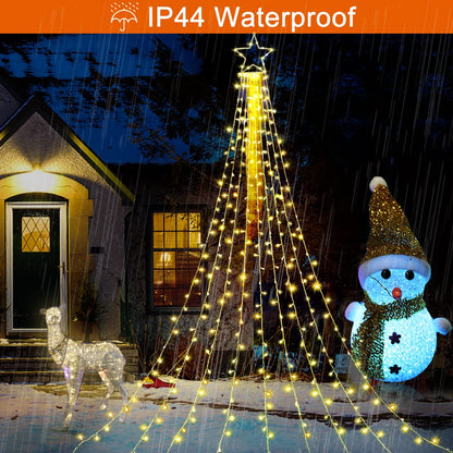 MINIAO Christmas Star String Lights, 320 LED Waterfall Tree Lights with 13" Topper Star 8 Lighting Modes Indoor Outdoor Halloween Decorations for Holiday, Wedding, Party (Warn White)