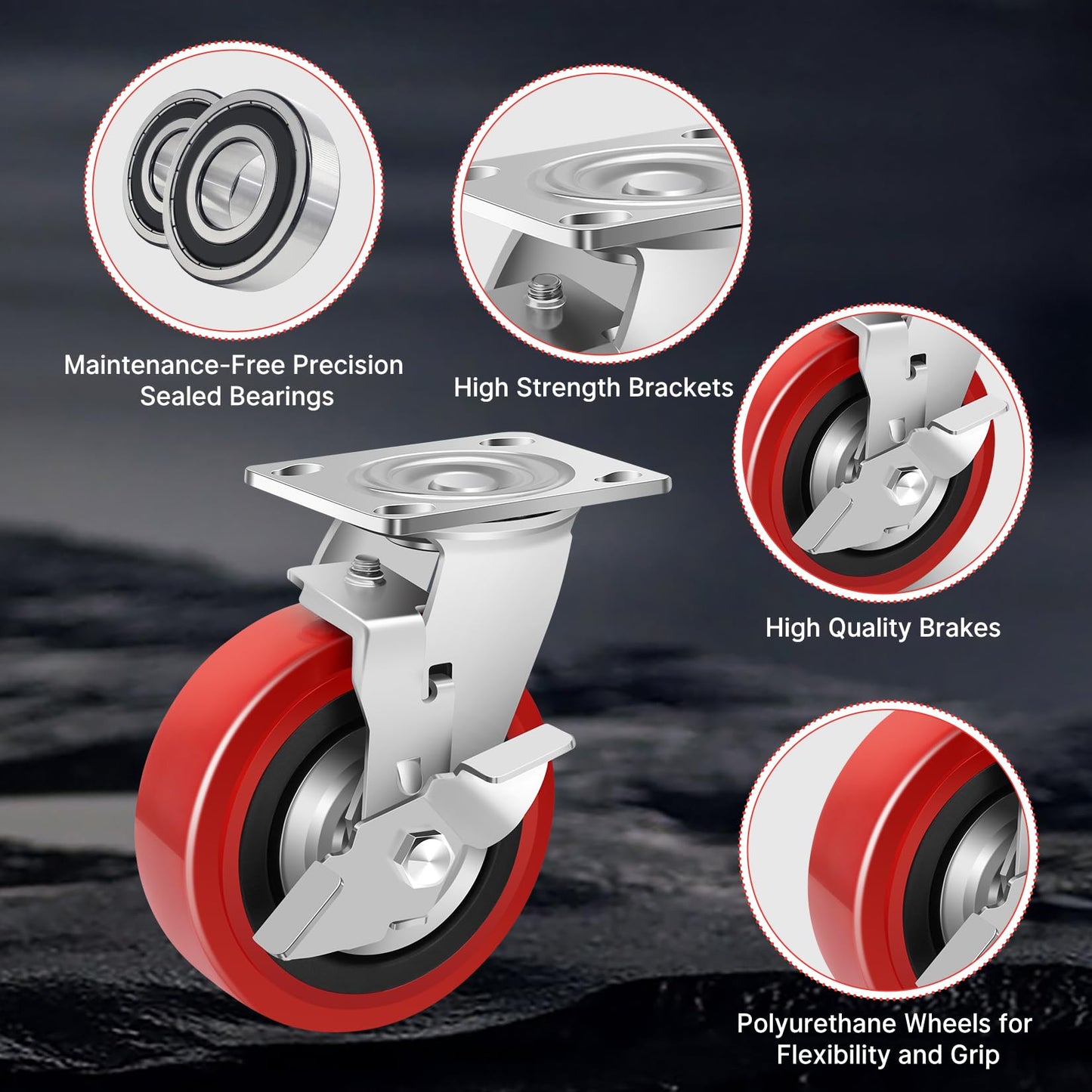 Nefish 6 Inch Industrial Grade Casters Wheels, Heavy Duty Polyurethane Casters Set of 4 with Dual Ball Bearing, Solid Polyurethane Wheel 4500 Lb, Plate Swivel Casters for Cart, Industrial, Machine