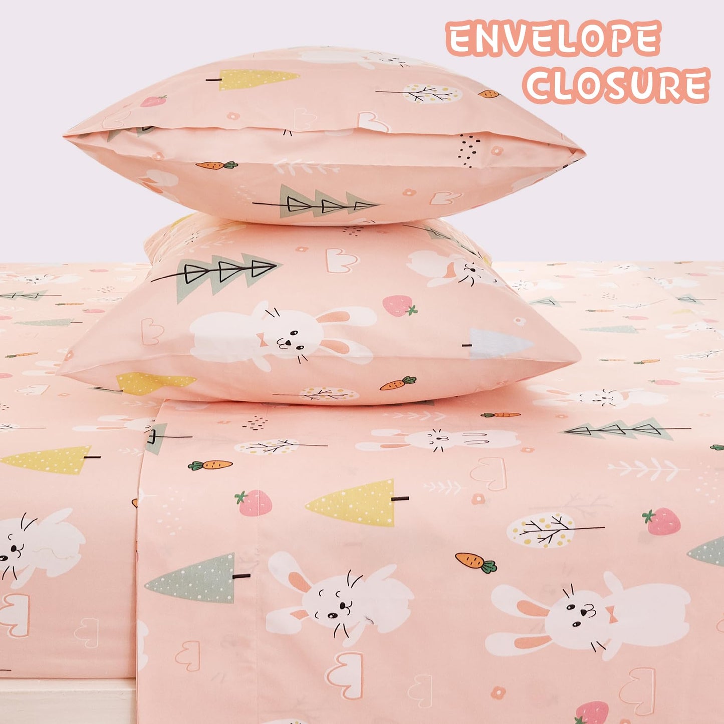 Yibeizi Pink Bunny Full Size Sheet Set for Girls, Kids Cute Bedsheet Microfiber Deep Pocket Bedding Sheets & Pillowcases 4 Pieces