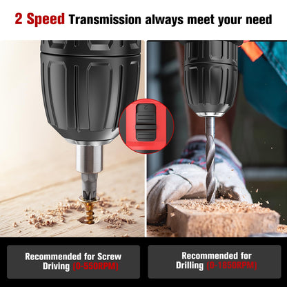 Cordless Drill Driver 21V, Cordless Hammer Drill with Battery 2000mAh, 25+3 Torque, 42N.m Max, 22PCS Accessories, 2 Speed, LED Light