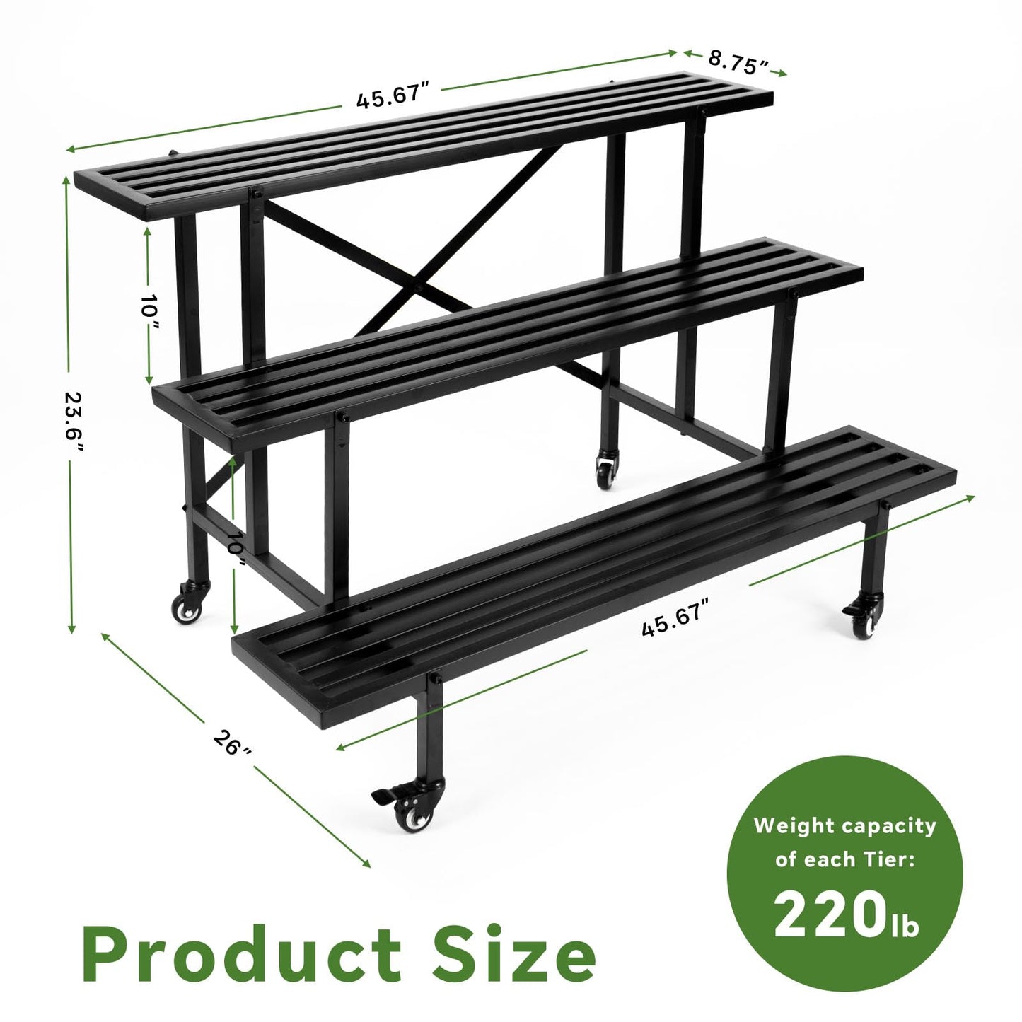 Yunphia US 3-Tier Metal Plant Stand, 45.56”L x 26”W x 23.6”H - Heavy-Duty Rolling Tiered Plant Display Rack for Indoor, Outdoor & Patio Use
