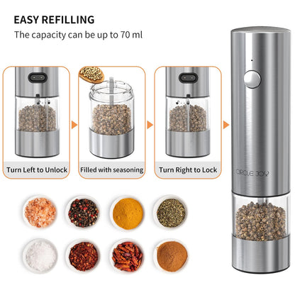 CIRCLE JOY Electric Salt and Pepper Grinder Set Stainless Steel Spice Grinder Automatic Pepper Mills with Easy-to-Carry Dual Charging Station, White Led Light, and Adjustable Coarseness, Silver
