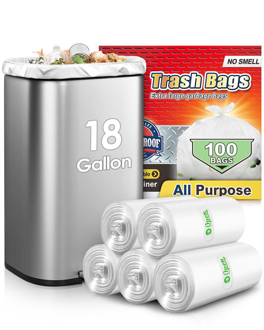 18 Gallon 100 Counts Tall Kitchen Trash Bags,Fit 15,16,18,20Gal,Garbage Bags by Teivio, Unscented,Bin Liners, Plastic Bags for home,for Bathroom,Office,Industrial,Clear