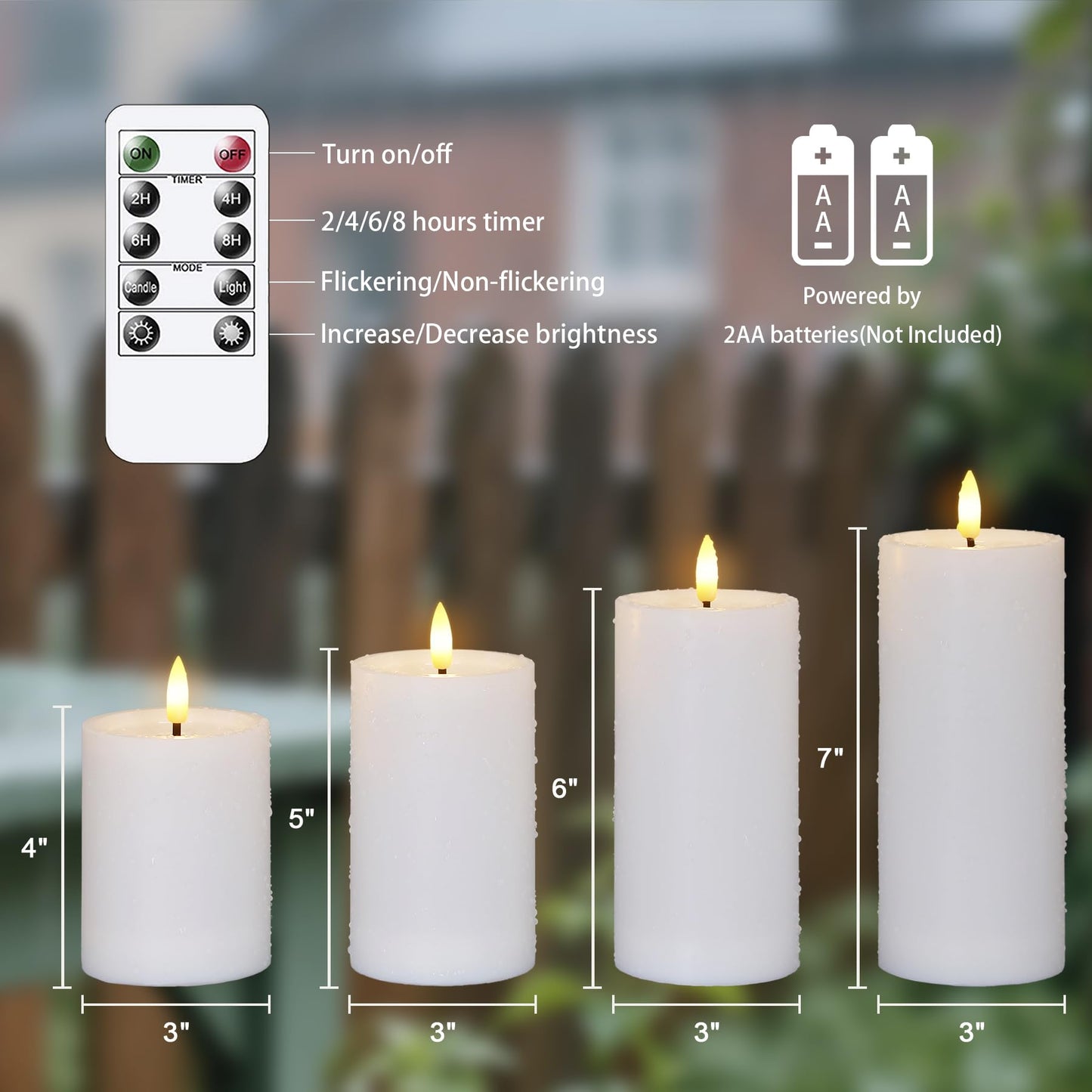 Yeelida Outdoor 4pcs Flameless Waterproof Candles with Handy Remote Control, Cycle Timer Battery Operated Candle Grease Effect LED Flickering Pillar Plastic Long Lasting (White, 3" x4" 5" 6" 7")